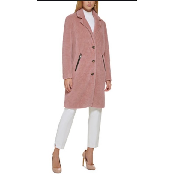 DKNY Plush‎ Faux Fur Coat Button Front Pink Zipper Pockets Small Chic NWOT - Picture 2 of 12